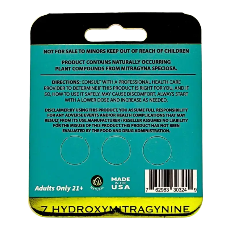 Product packaging label for 7-hydroxymitragynine with warning text on a teal background.