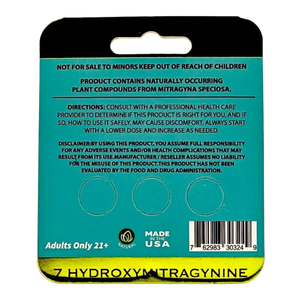 Product packaging label for 7-hydroxymitragynine with warning text on a teal background.