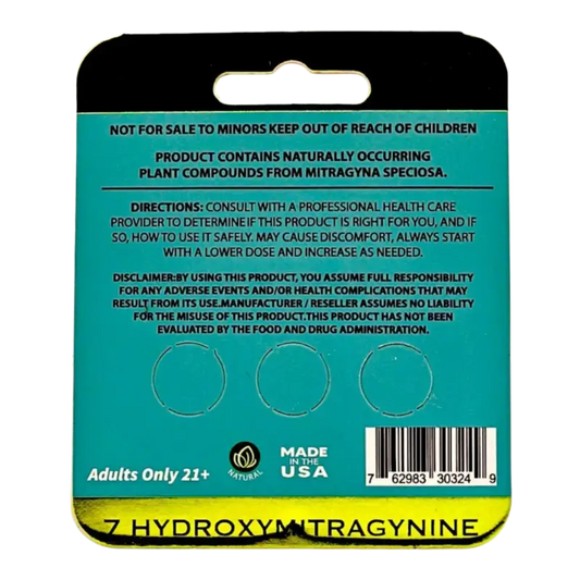 Product packaging label for 7-hydroxymitragynine with warning text on a teal background.