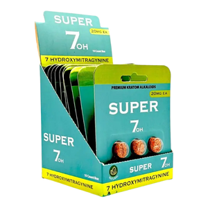 Product display box containing ’Super 7’’ hydroxymitragynine supplements in turquoise packaging.