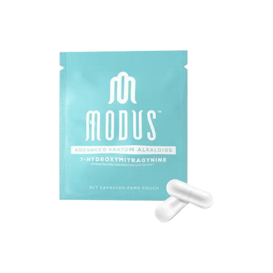 Teal-colored Modus supplement packet with two white capsules.