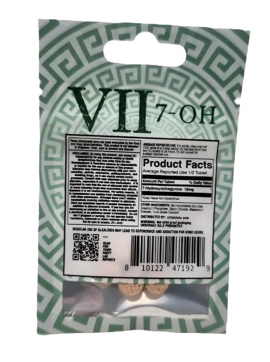 Packaged product labeled ’VII’ with a green geometric pattern background.