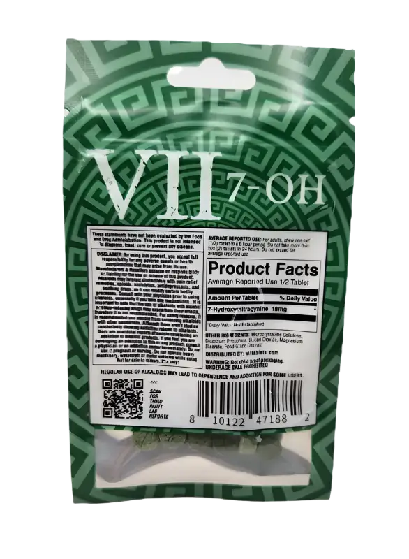 Green and white product package with ’VII-OH’ branding and nutritional information.