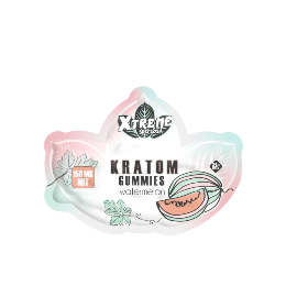 Kratom gummies packaging with watermelon illustration on a white background