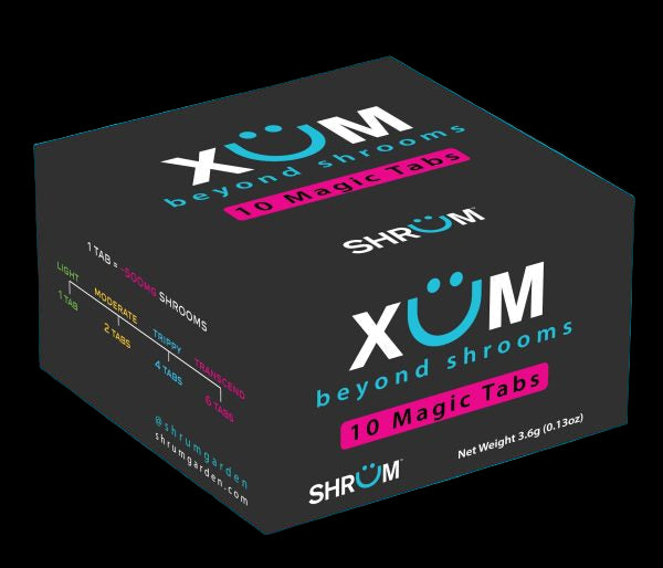 Box of XUM beyond shrooms Magic Tabs with branding and product details.