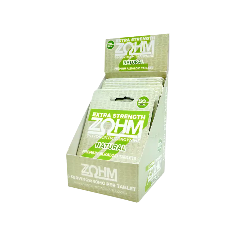 Box of Zohm extra strength natural tablets.